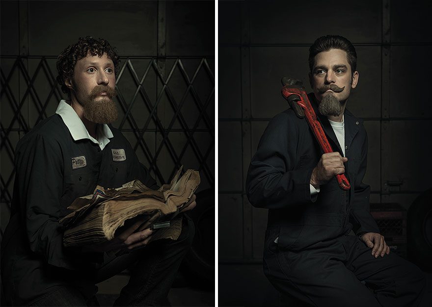 Two portraits of bearded men in dark work jackets posing with tools